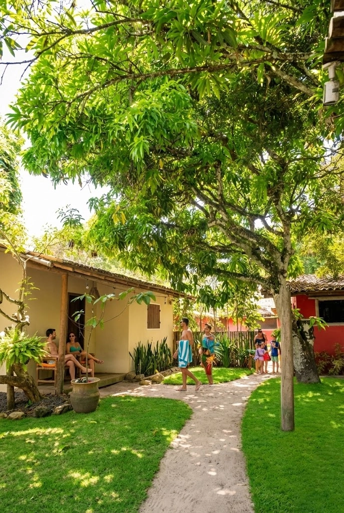 Conjunto de acomodações e jardim da pousada