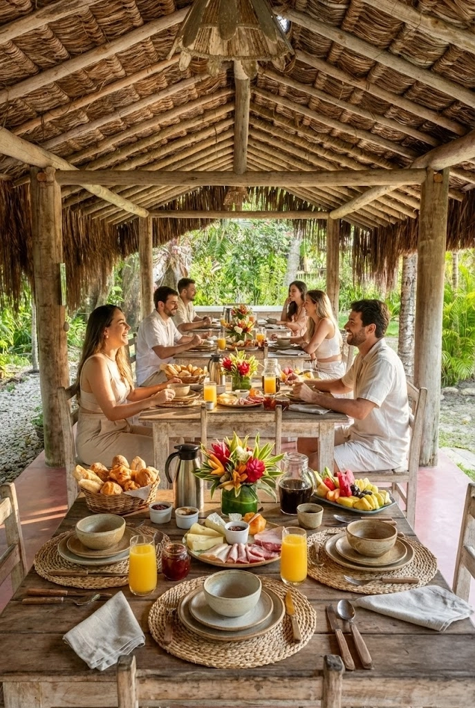 Área de café da manhã da pousada Casinhas da Bahia Caraíva